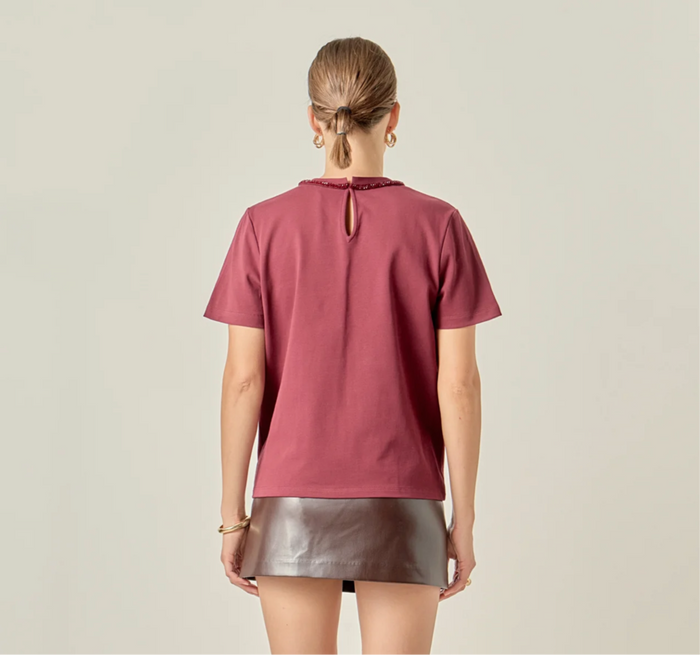 Beaded Bow Tee - Burgundy