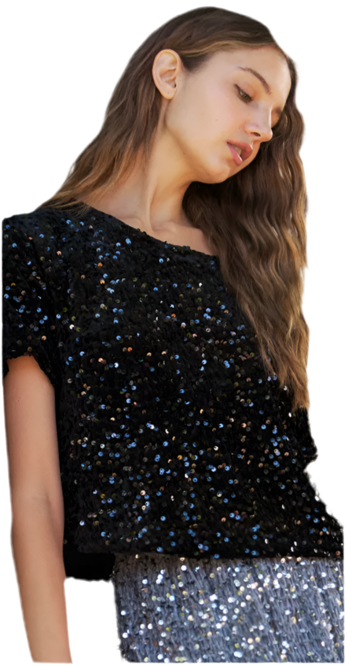 Short Sleeve Sequined Crop Top