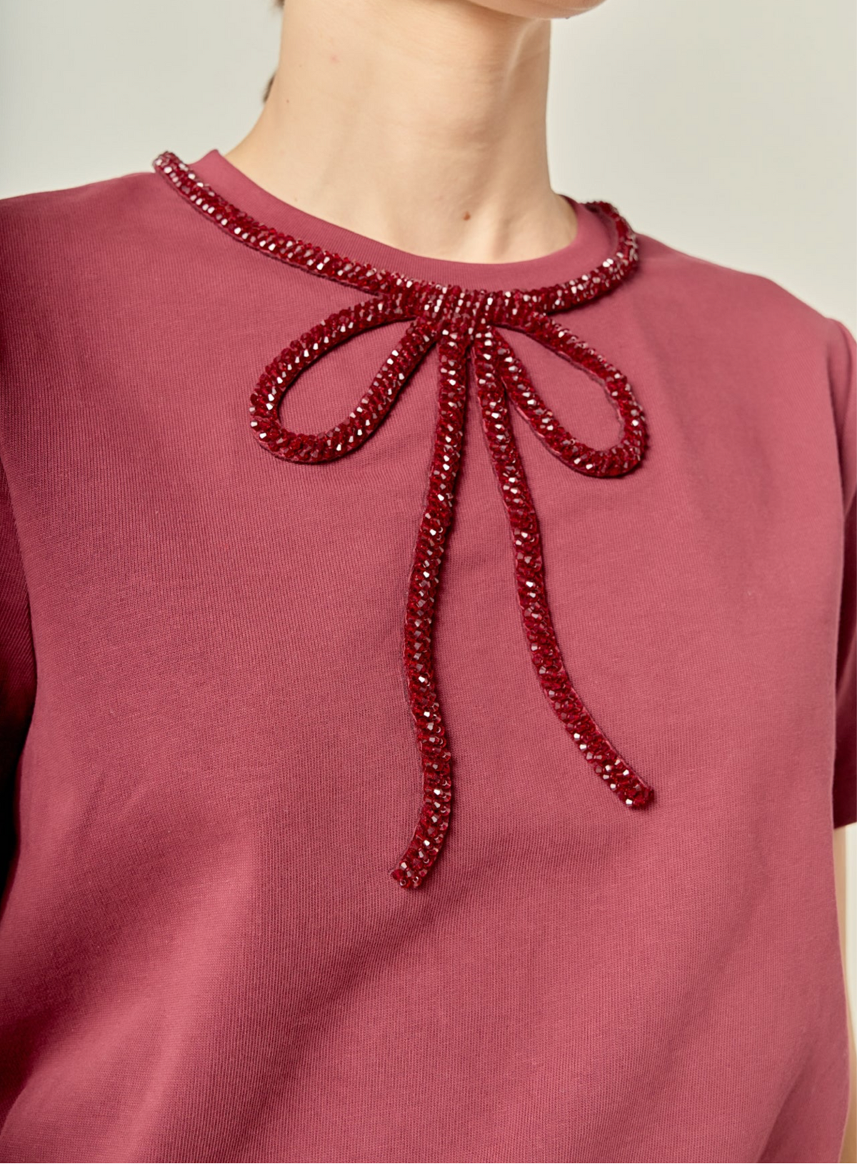 Beaded Bow Tee - Burgundy