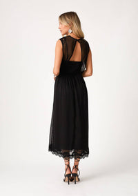 Sleeveless V Neck Lace Trim Midi Dress
