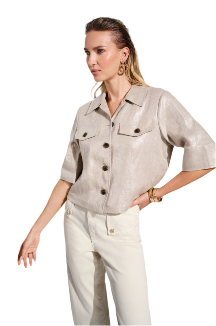 Foiled Linen Blend Short Sleeve Boxy Jacket Joseph Ribkoff