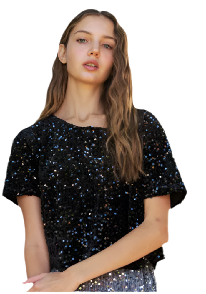 Short Sleeve Sequined Crop Top