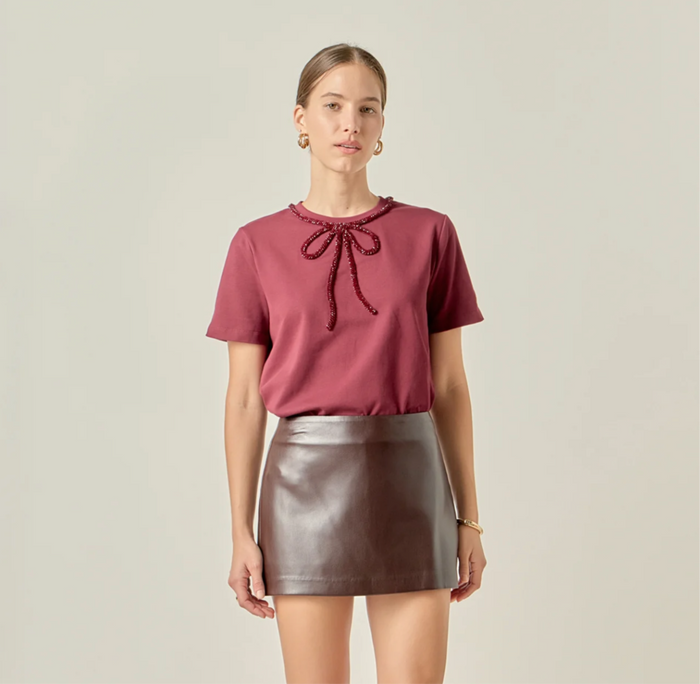 Beaded Bow Tee - Burgundy