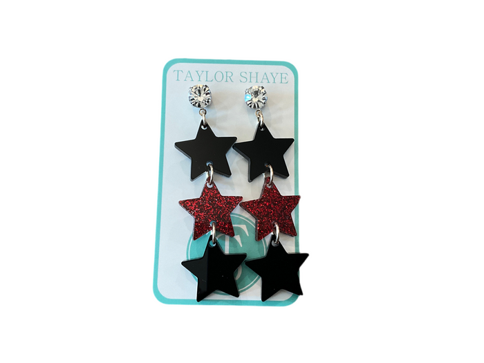 Black and Red Triple Star Earrings