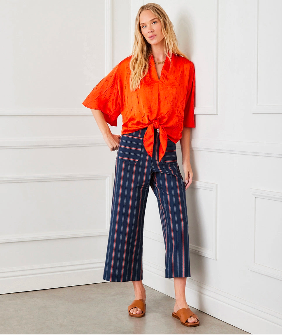 Orange Flare Sleeve Tie Front Top