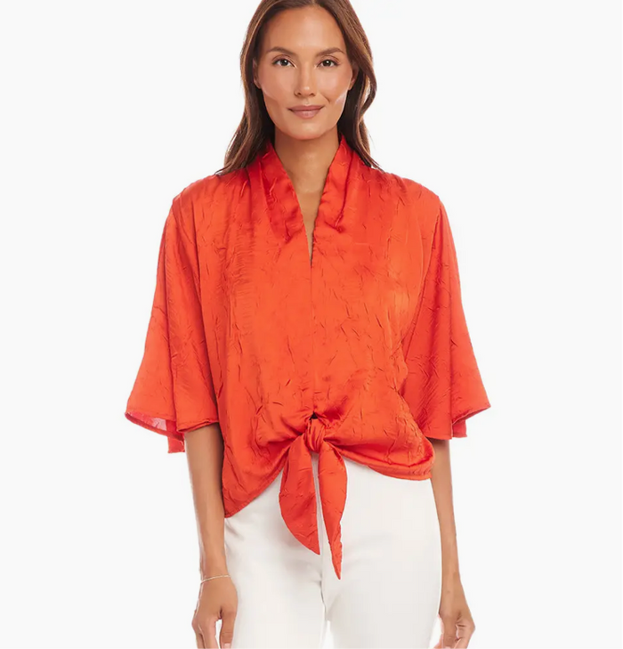 Orange Flare Sleeve Tie Front Top
