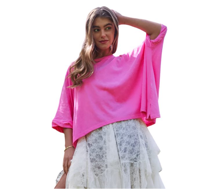 Loose Fit Dolman 3/4 Sleeve Top - Pink