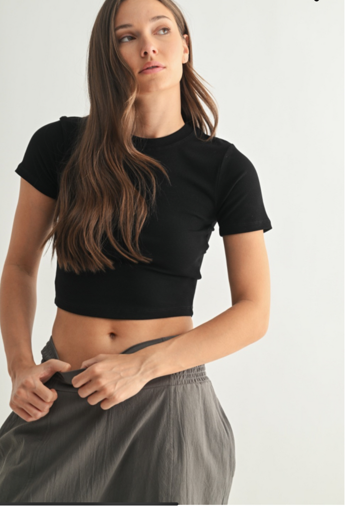 Mono b- Essential Micro-Ribbed Athleisure Baby Tee-Black