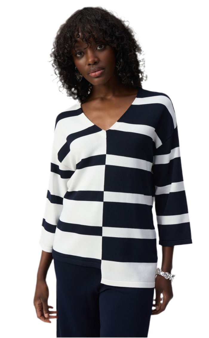 Joseph Ribkoff Striped Sweater Knit V-Neck Pullover