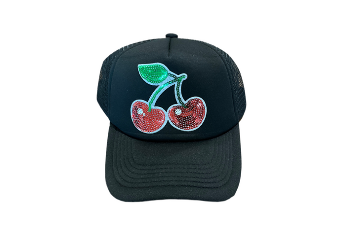 Black Sequin Cherries Trucker Hat