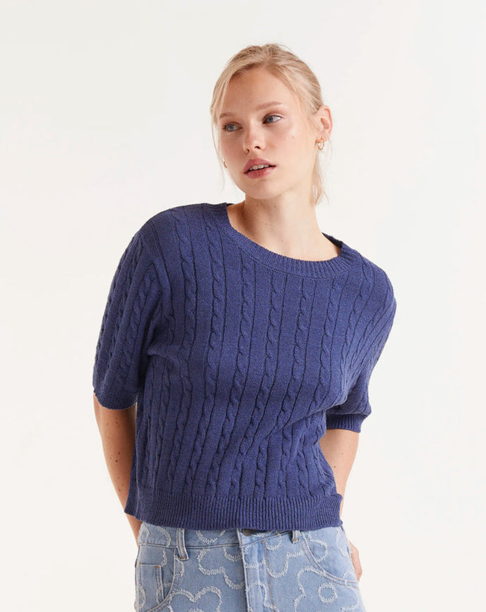 Navy Blue Short Sleeve Knit Sweater