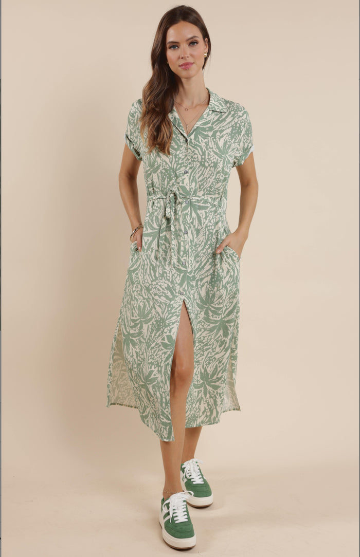 Palm Whispers Midi Shirt Dress