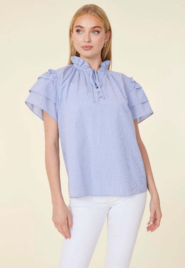 DolceCabo Blue/White Striped Flutter Sleeve Top