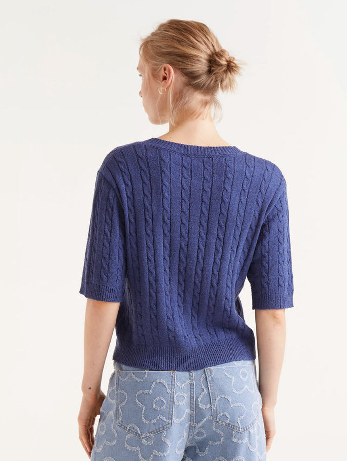 Navy Blue Short Sleeve Knit Sweater