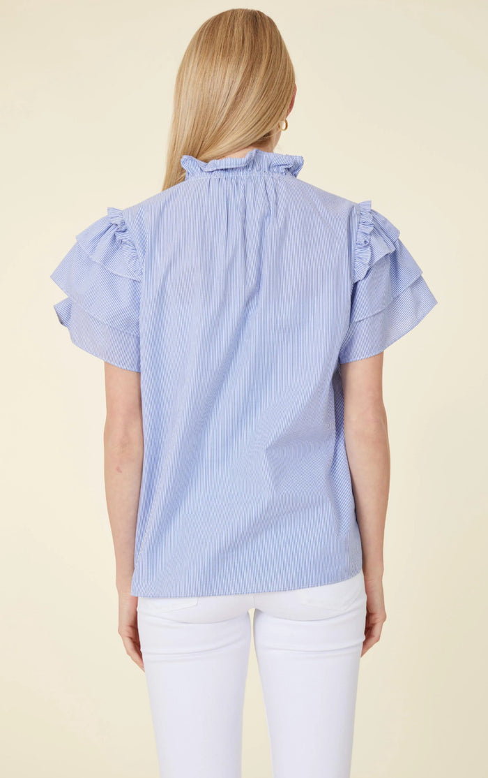 DolceCabo Blue/White Striped Flutter Sleeve Top