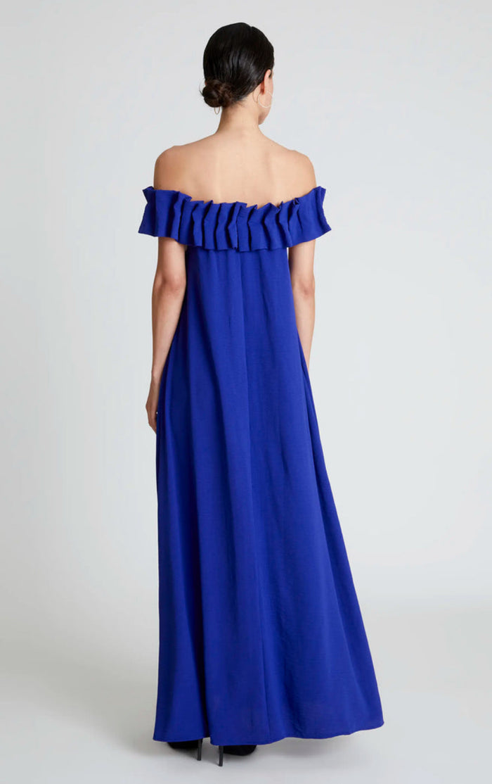 Long Blue Boat Neckline Dress