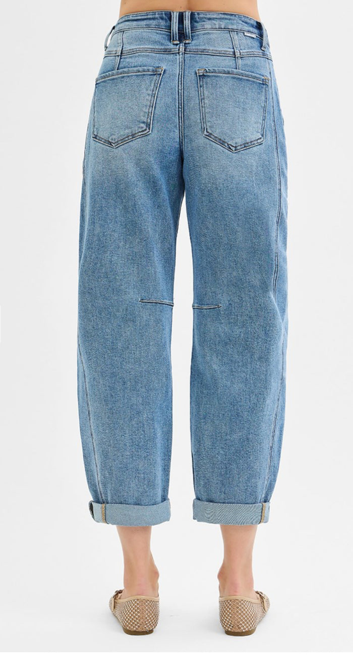Mid Rise Fit Ankle Barrel Double Roll Up Jeans