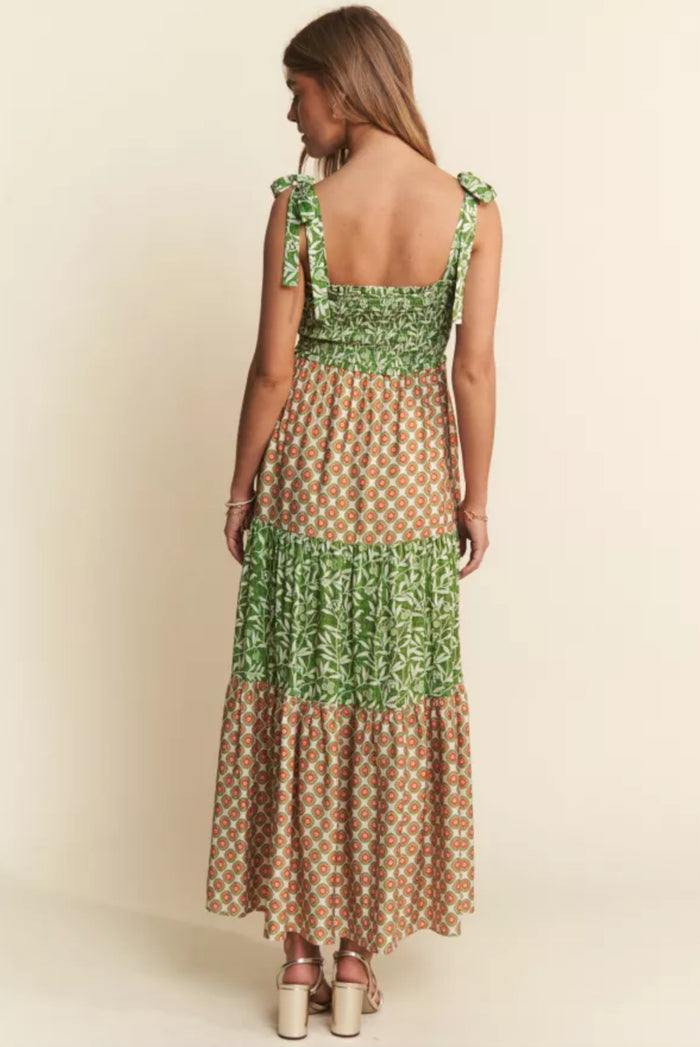 Green Mixed Pattern Tiered Maxi Dress