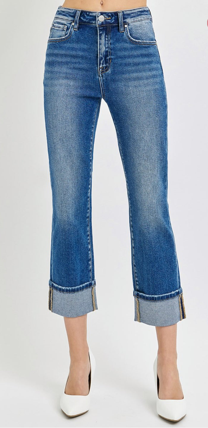 High Rise Ankle Straight Cuffed Jeans