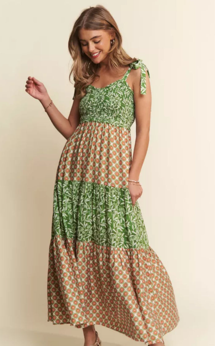 Green Mixed Pattern Tiered Maxi Dress