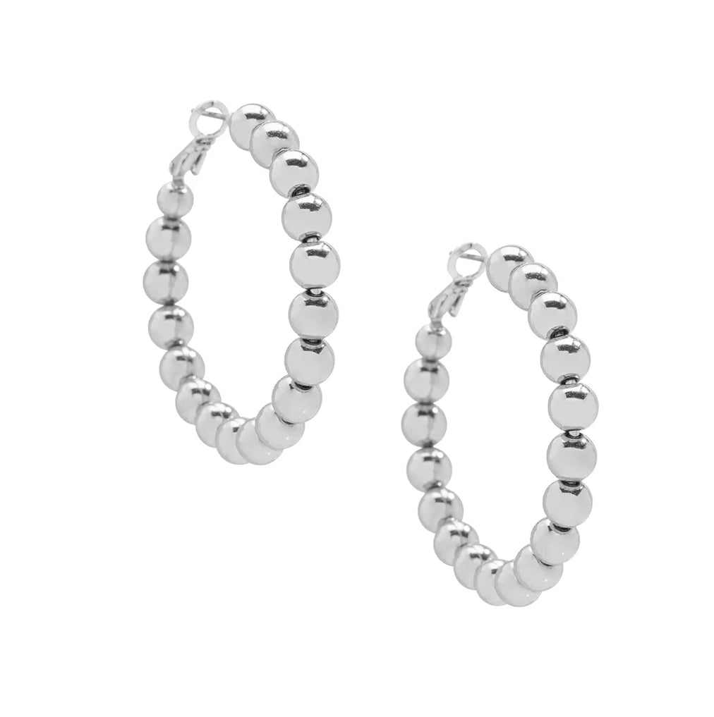 Medium Metal Beaded Hoop Earring- Silver