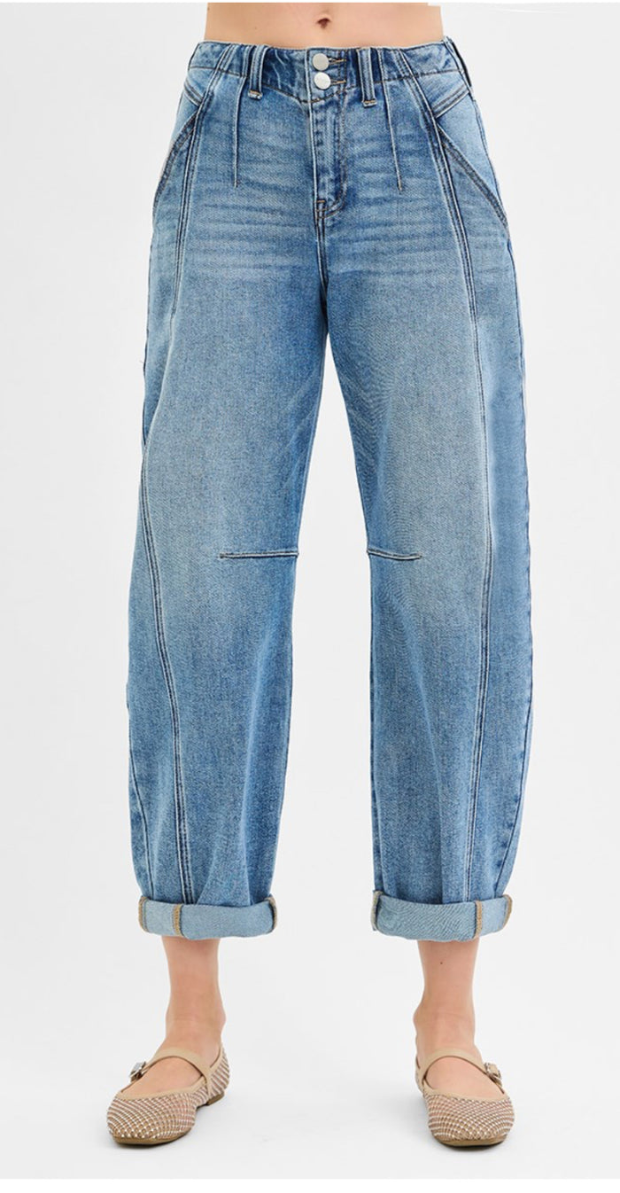 Mid Rise Fit Ankle Barrel Double Roll Up Jeans
