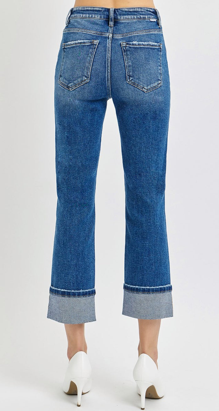High Rise Ankle Straight Cuffed Jeans