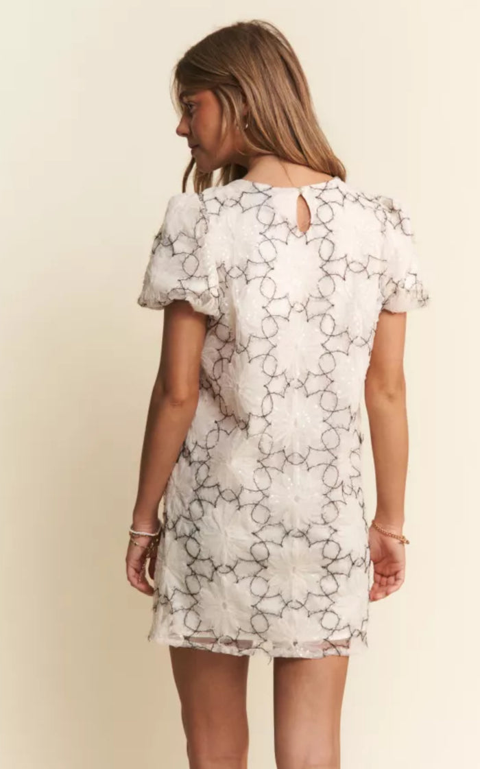 Cream and Black Floral Lace Short Sleeve Mini Dress