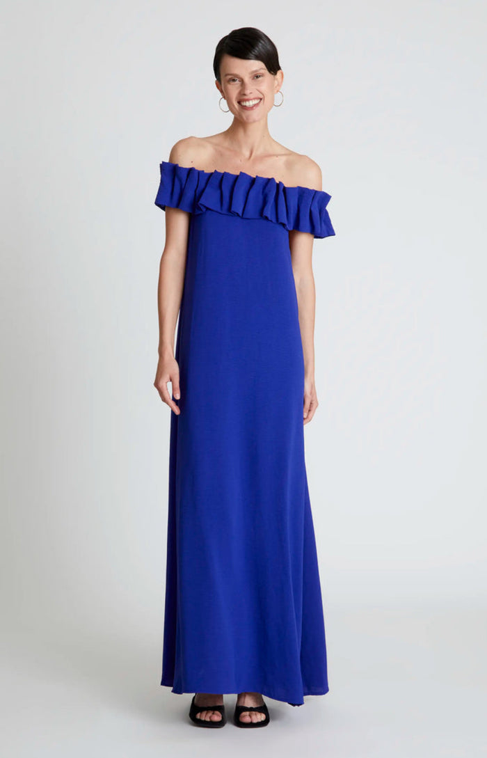 Long Blue Boat Neckline Dress