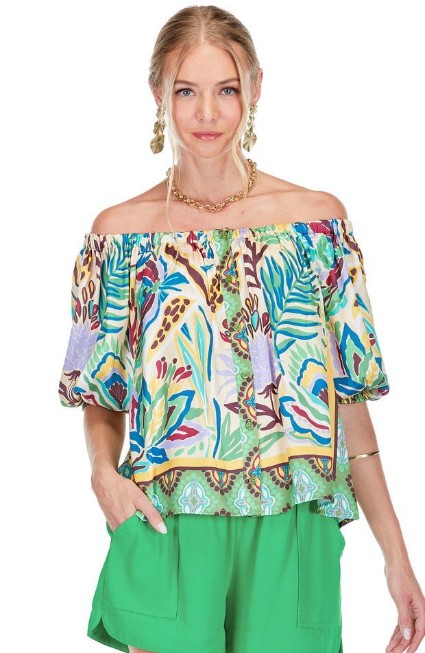 Forest Border Off The Shoulder Button Front