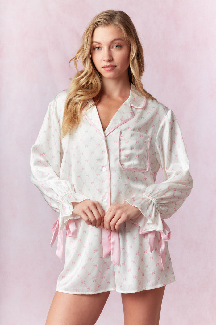 Pink Bow Satin Pj Set