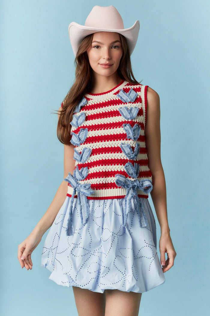 Striped Denim with Lace Trim Tie Detail Knit Vest