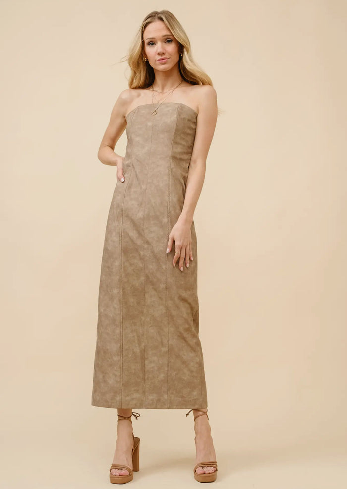 Taupe Washed Tube Fitted Midi Dress