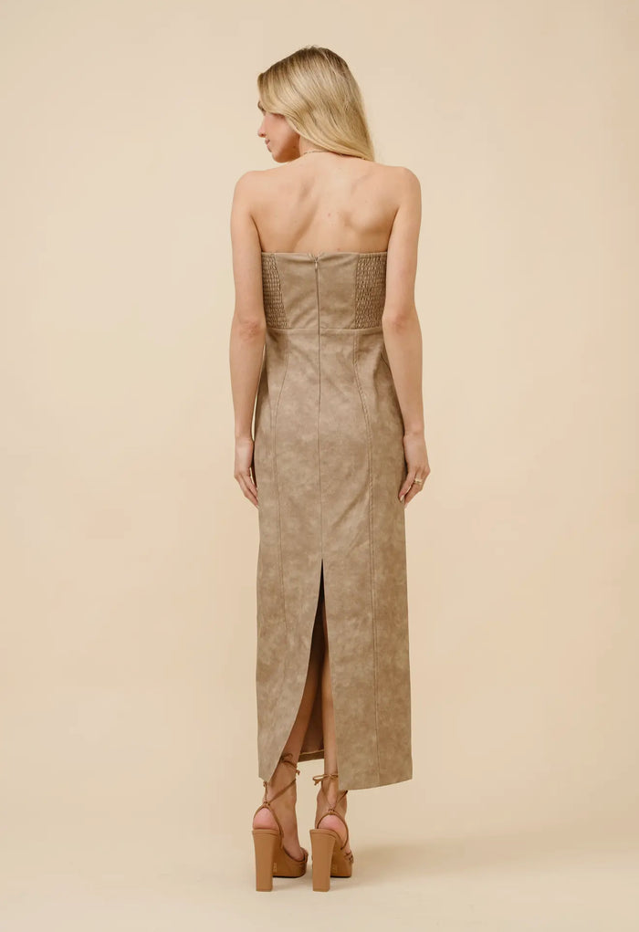 Taupe Washed Tube Fitted Midi Dress