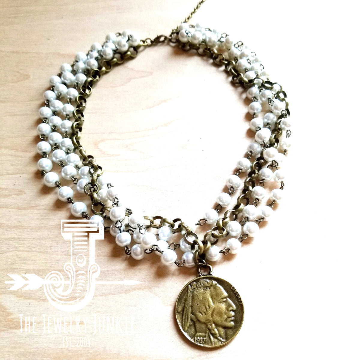 Pearl & Antique Gold Collar Length Necklace w/ Coin
