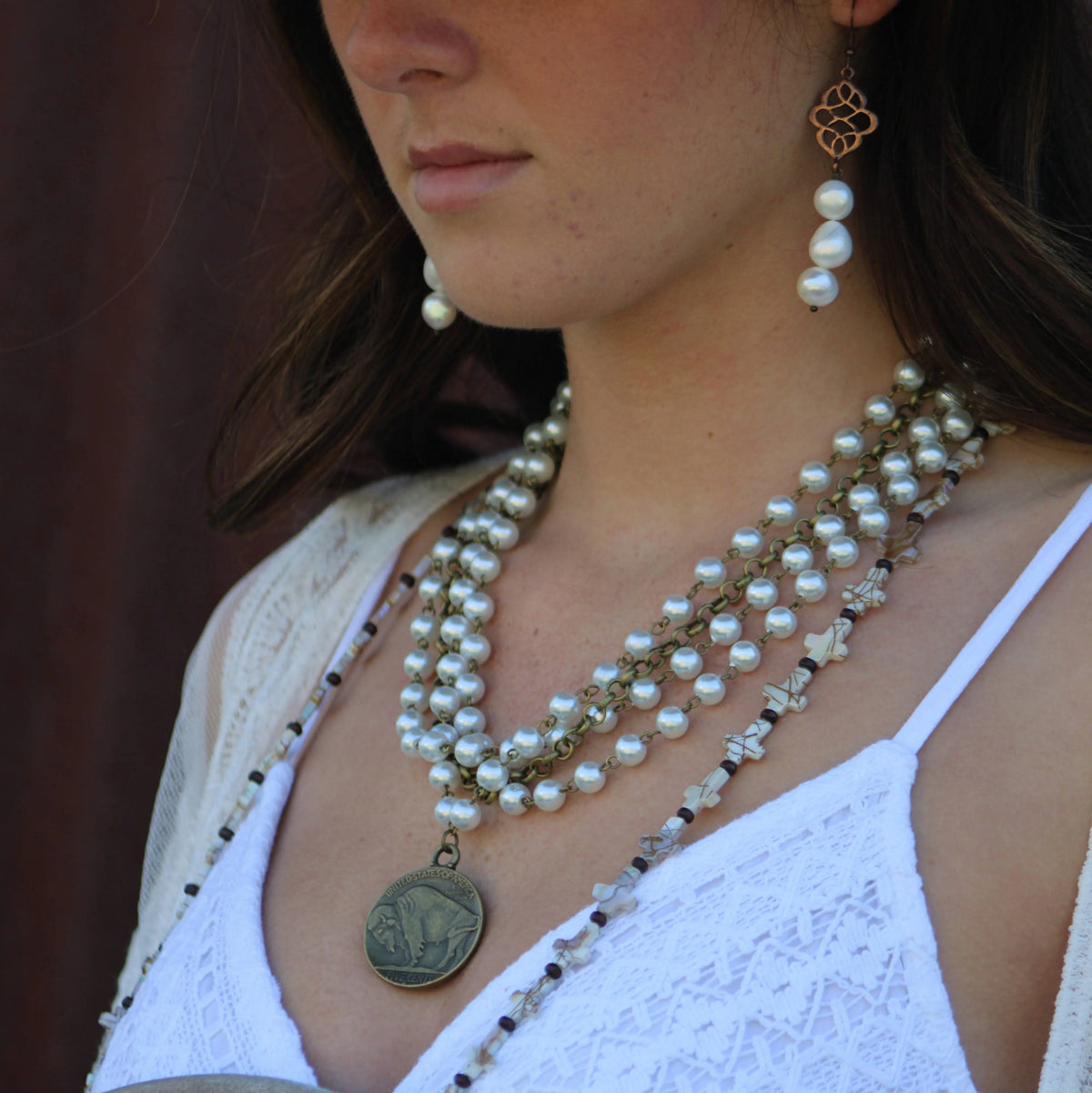 Pearl & Antique Gold Collar Length Necklace w/ Coin