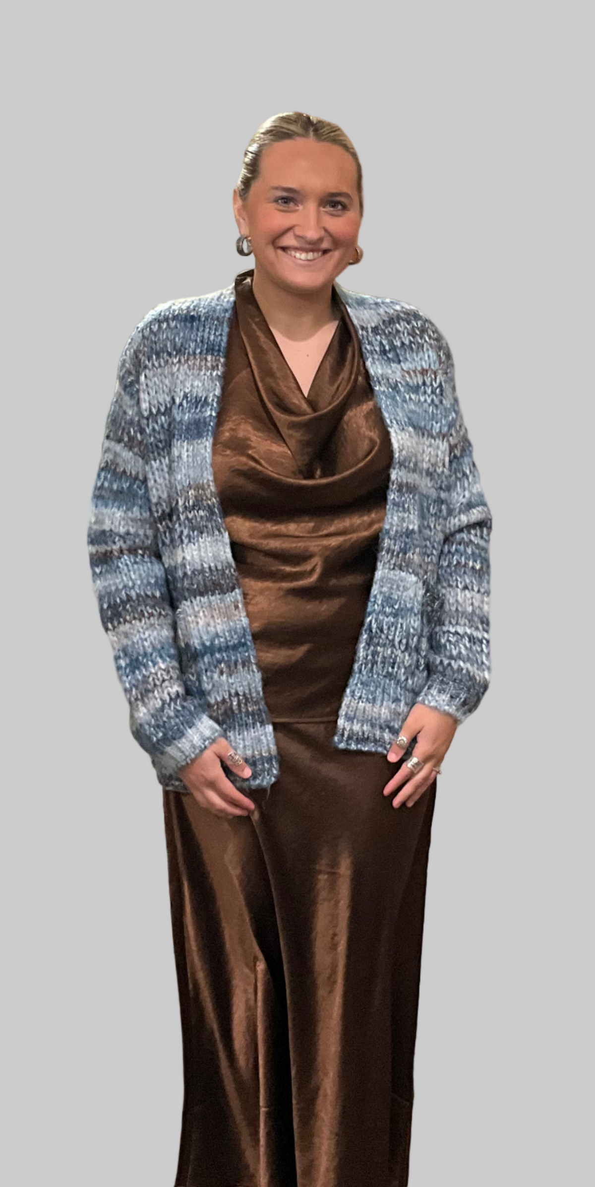 Oversized MottledStriped Long CardiganWith Pockets- Blue