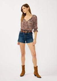 Smocked Paisley Split Neck Blouse