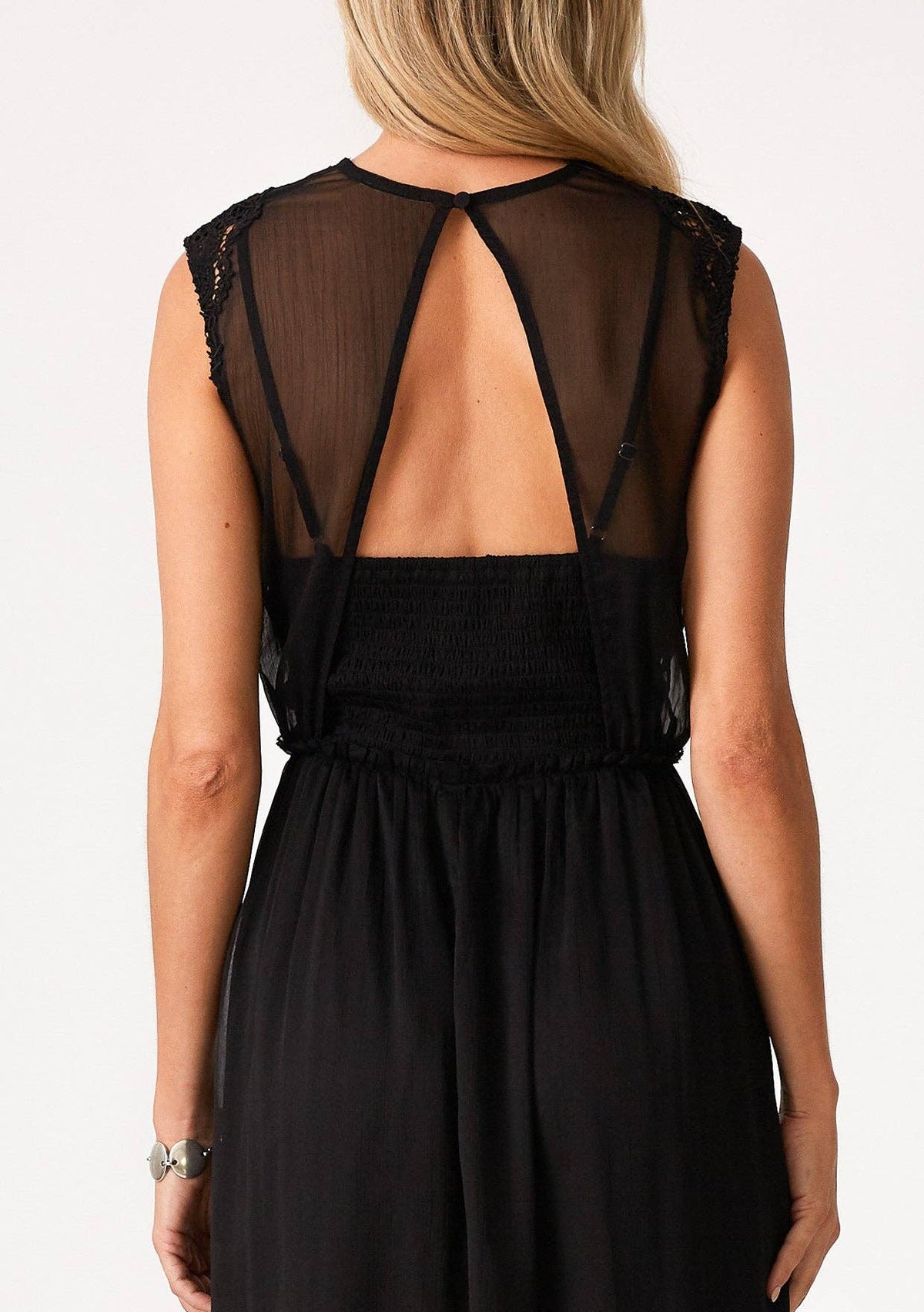 Sleeveless V Neck Lace Trim Midi Dress