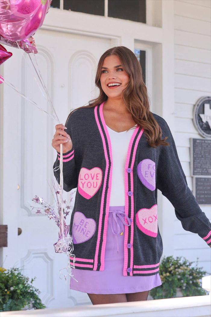 Chenille Patch Candy Hearts Relaxed Cardigan