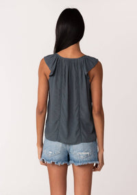 Ruffle Strap Scoop Neck Button Down Tank Top
