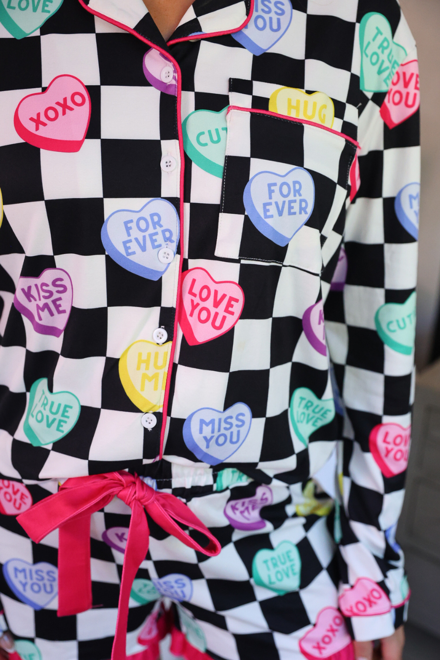 Checkered Conversation Hearts Ruffle Pajama Set