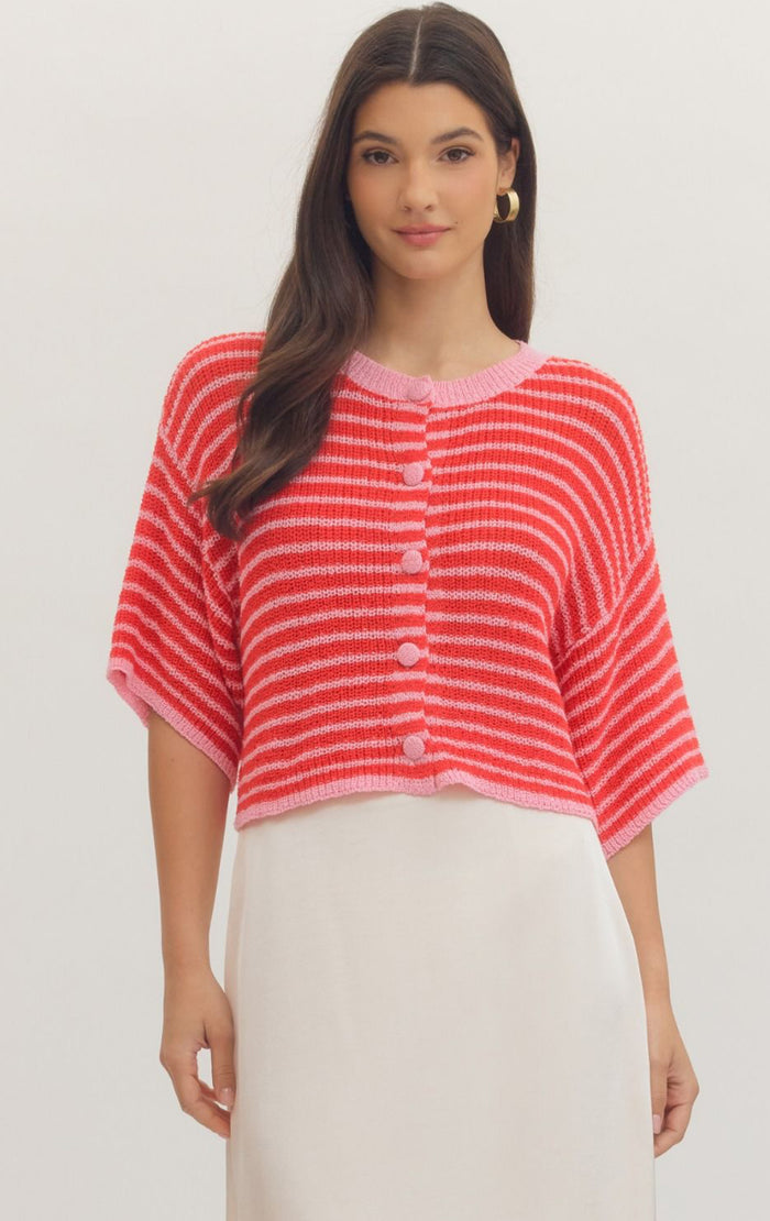 Red & Pink Stripe Short Sleeve Sweater