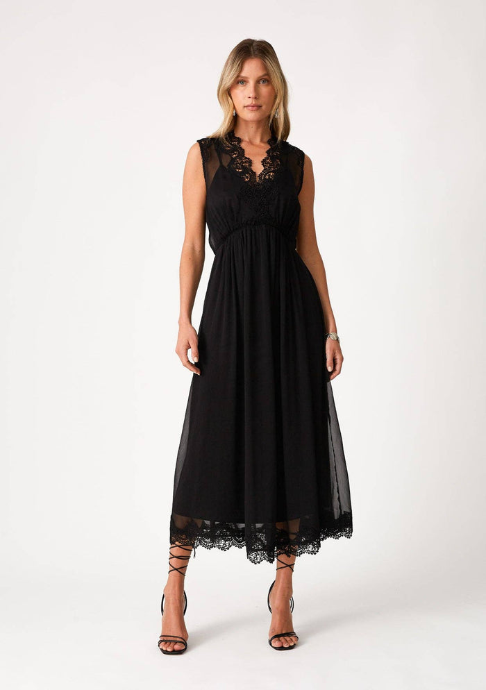 Sleeveless V Neck Lace Trim Midi Dress