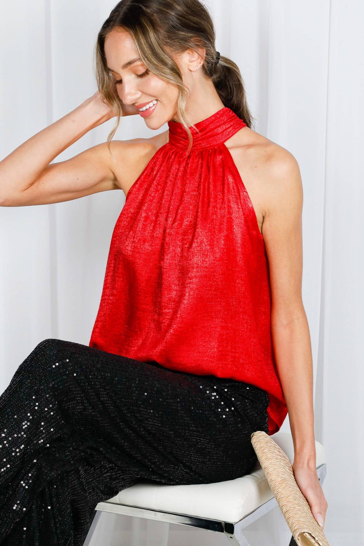 Halter Neck Tie Back Metallic Woven Blouse Top