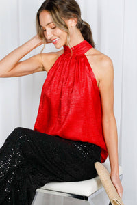 Halter Neck Tie Back Metallic Woven Blouse Top