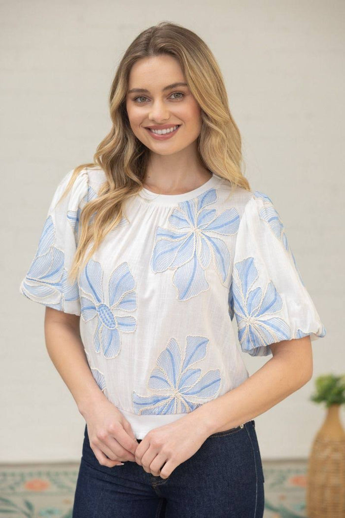 Contrast Band Detailed Floral Embroidery Top