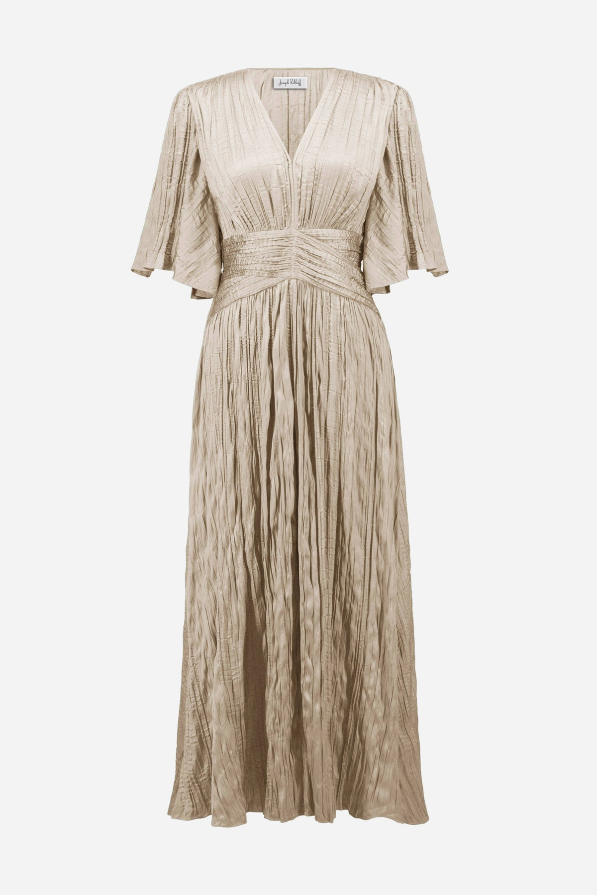 Joesph Ribkoff Satin Fit and Flare Pleated Dress with Knot Waist Detail