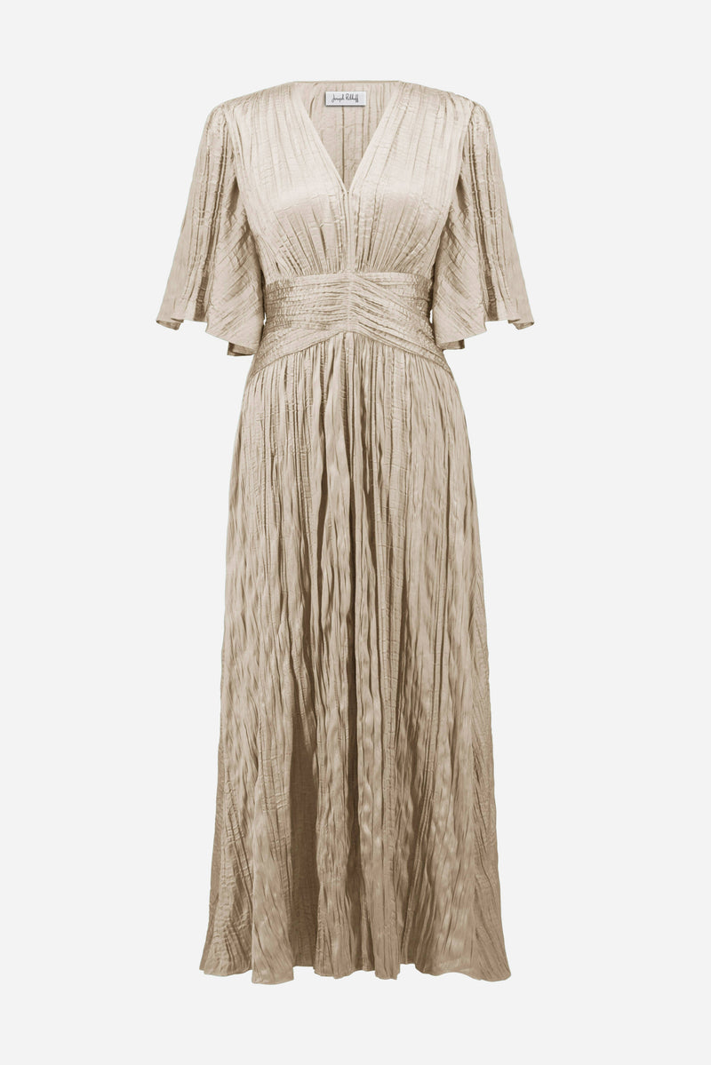 Joesph Ribkoff Satin Fit and Flare Pleated Dress with Knot Waist Detail