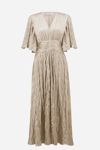 Joseph Ribkoff Satin Fit and Flare Pleated Dress with Knot Waist Detail